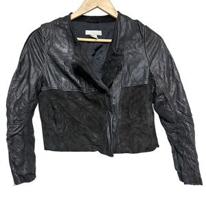 H&M 100% Leather Suede Crop Jacket Womens 4 Black Full Zip Modern Moto City Chic